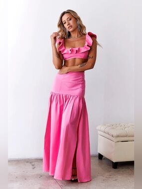 Hello Molly Dessert Menu Maxi Skirt Ruffle Crop Top Set Pink NEW NWT